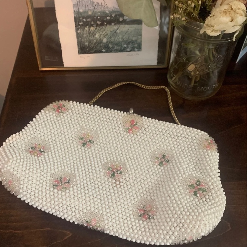 Vintage Beaded Floral Clutch with Gold Chain